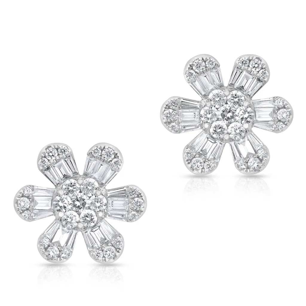 14KT White Gold Baguette Diamond Luxe Large Daisy Earrings