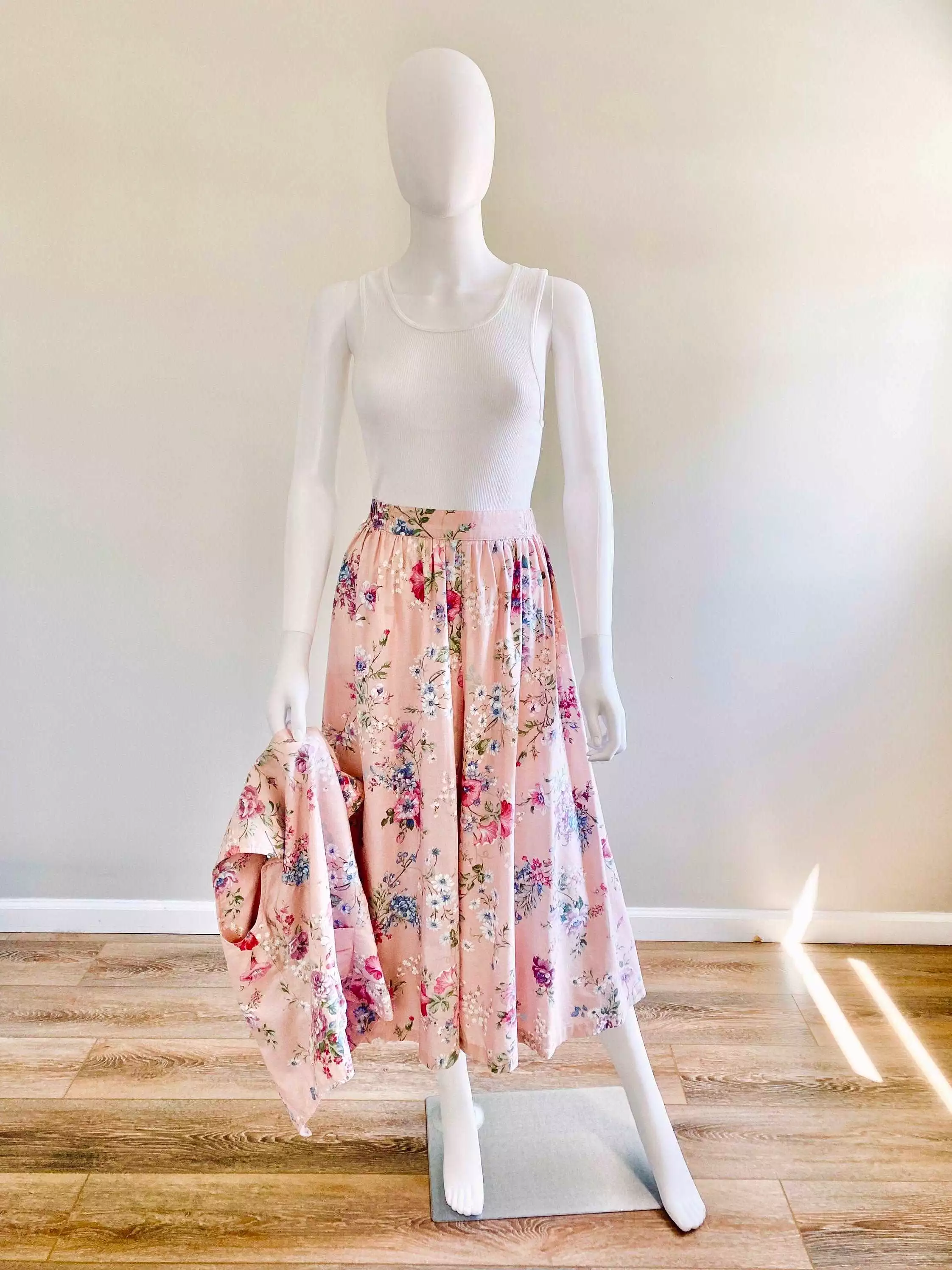 1980s Lanz Pink Floral Culottes Set / 80 lanz wide leg high waist pants and vest size M