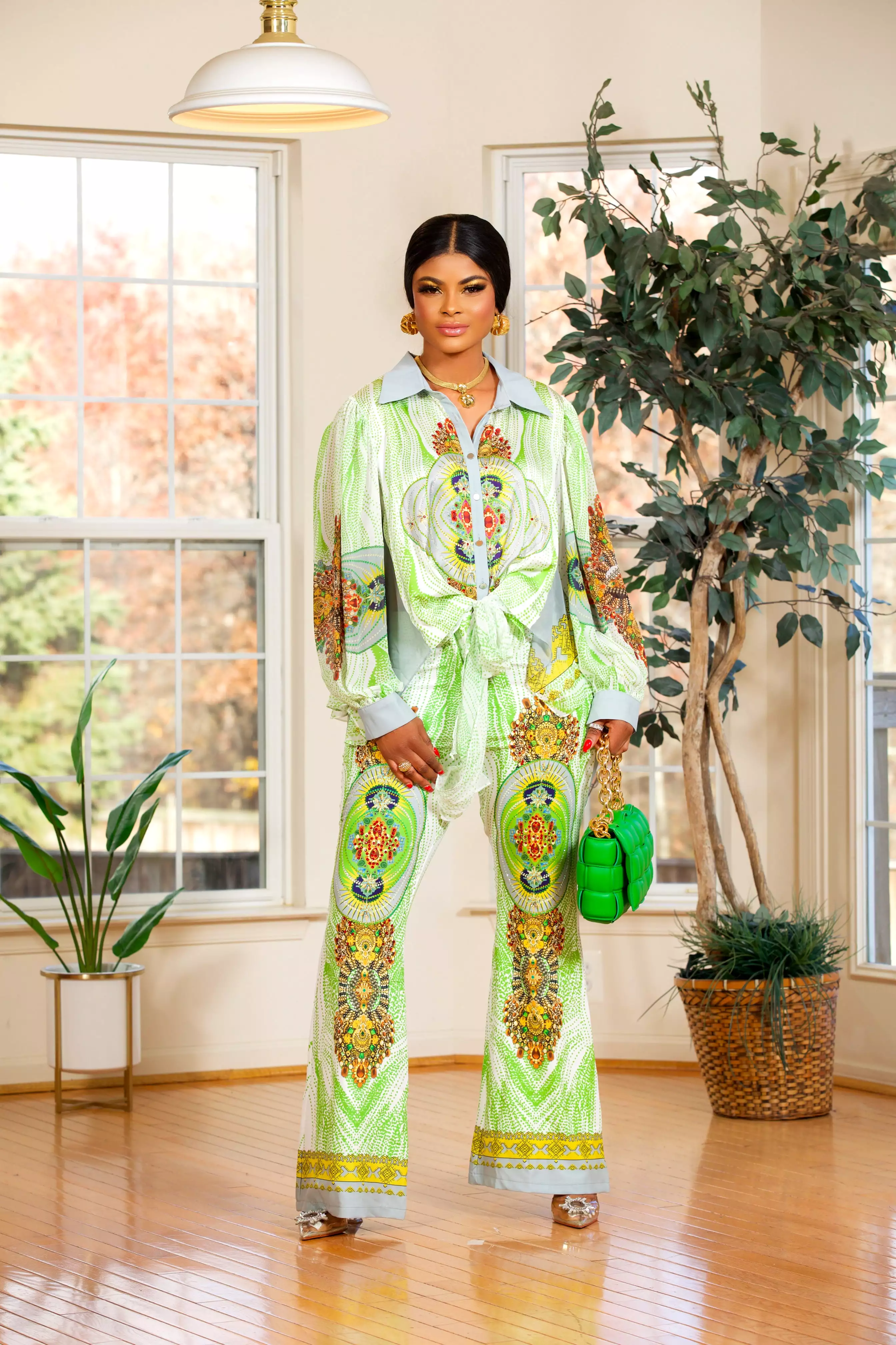 2PIECES BUTTON DOWN TOP/PALAZZO PANT(GREEN)