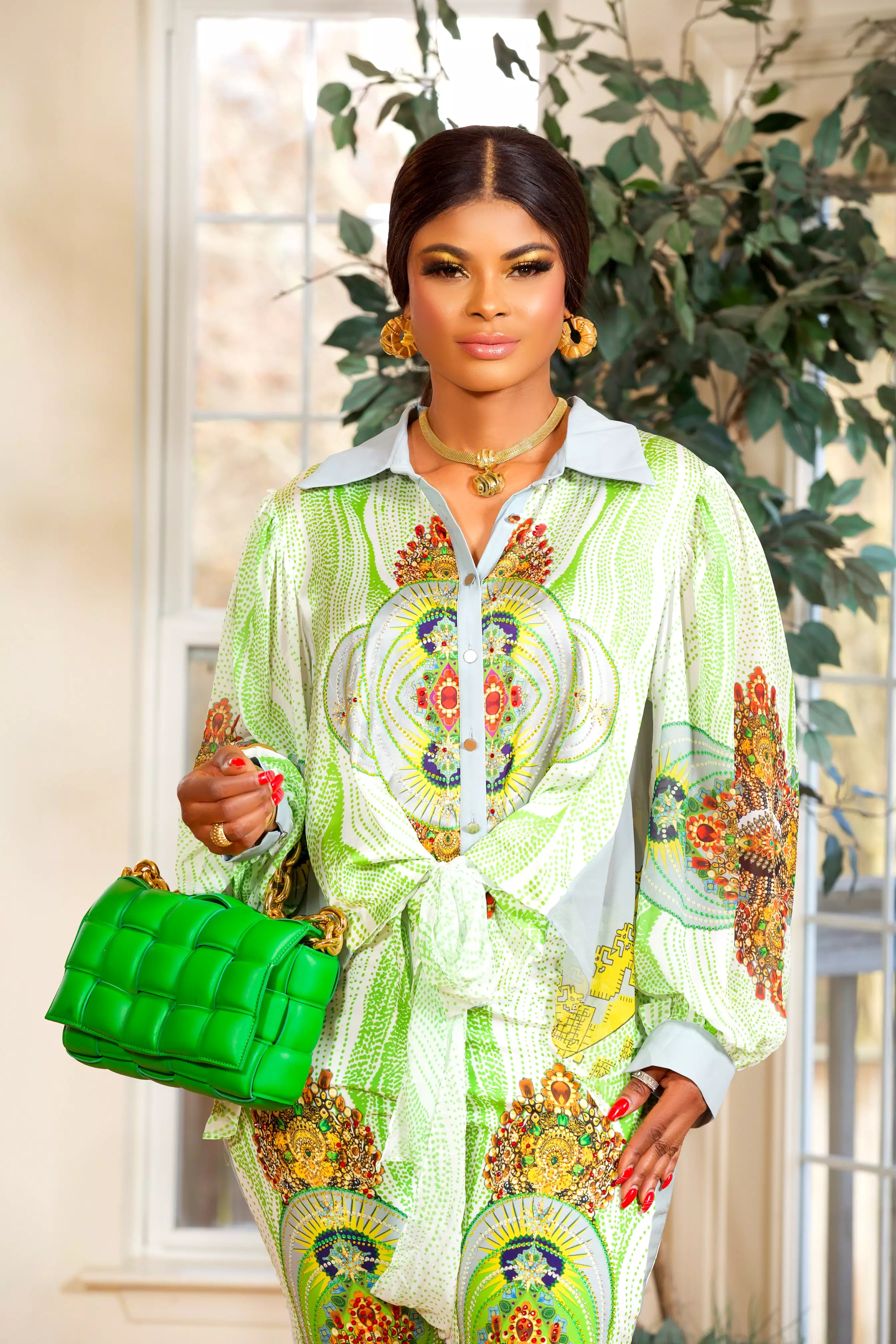 2PIECES BUTTON DOWN TOP/PALAZZO PANT(GREEN)