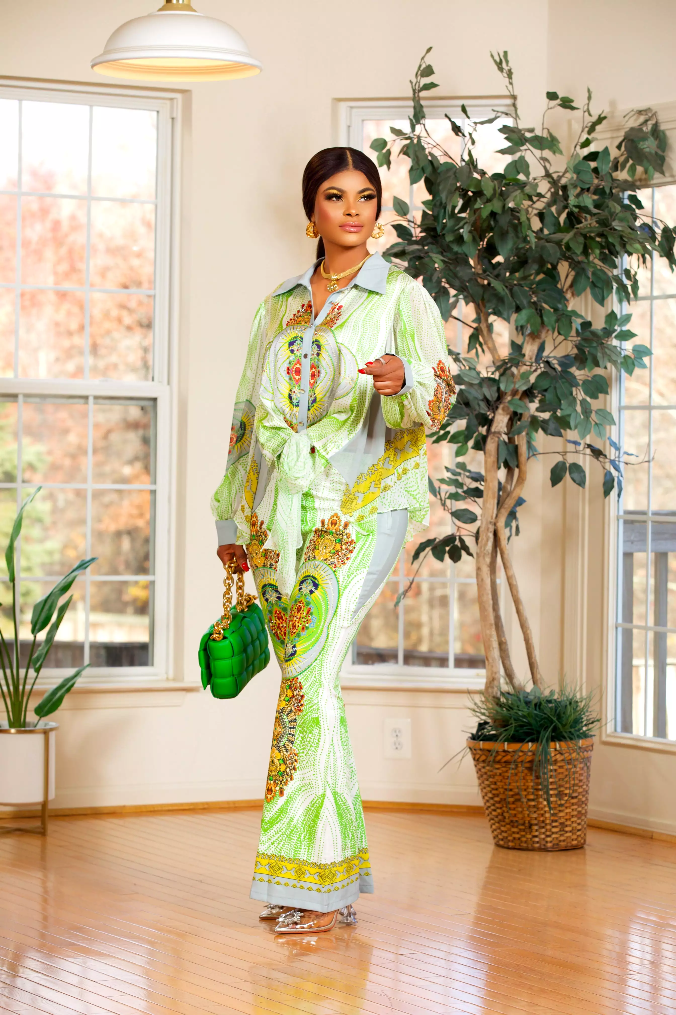 2PIECES BUTTON DOWN TOP/PALAZZO PANT(GREEN)