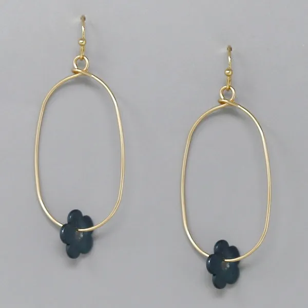 Acetate Flower Charm Oval Hoop Dangle Earrings