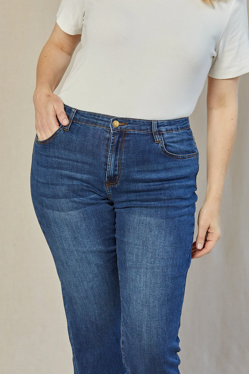 Adrift Denim Cropped Straight Leg Jeans in Mid Wash