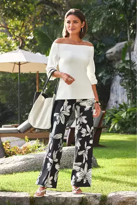 Beyond Travel High Rise Hibiscus Floral Palazzo Pant Jet Black/Ivory Coast