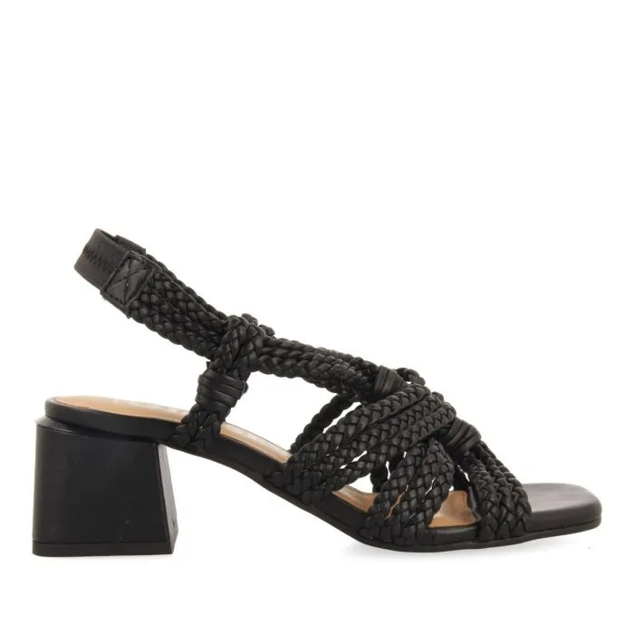 BLACK LEATHER HEEL SANDALS WITH BRAIDED DETAIL FOR WOMEN MALIQ