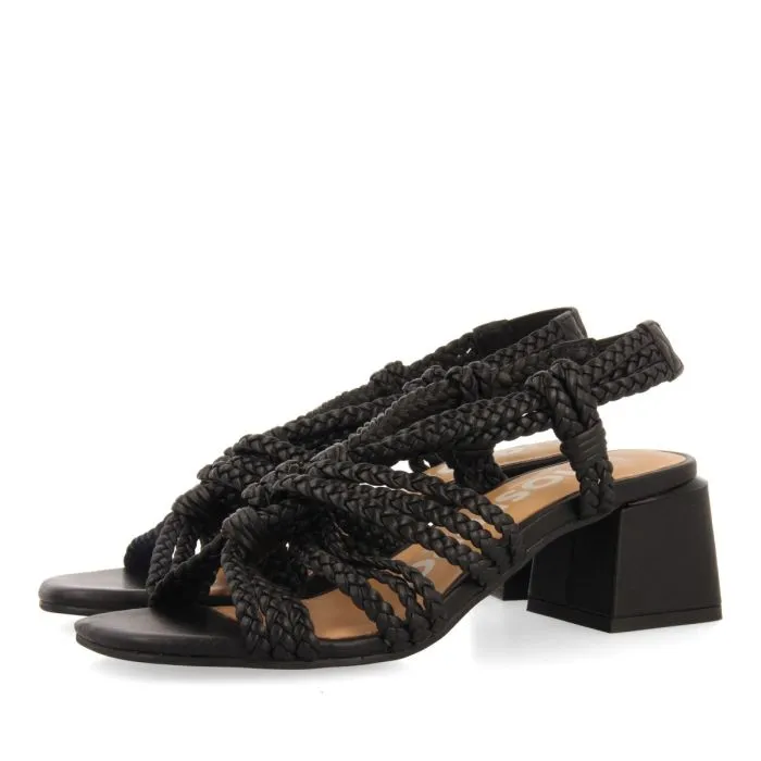 BLACK LEATHER HEEL SANDALS WITH BRAIDED DETAIL FOR WOMEN MALIQ