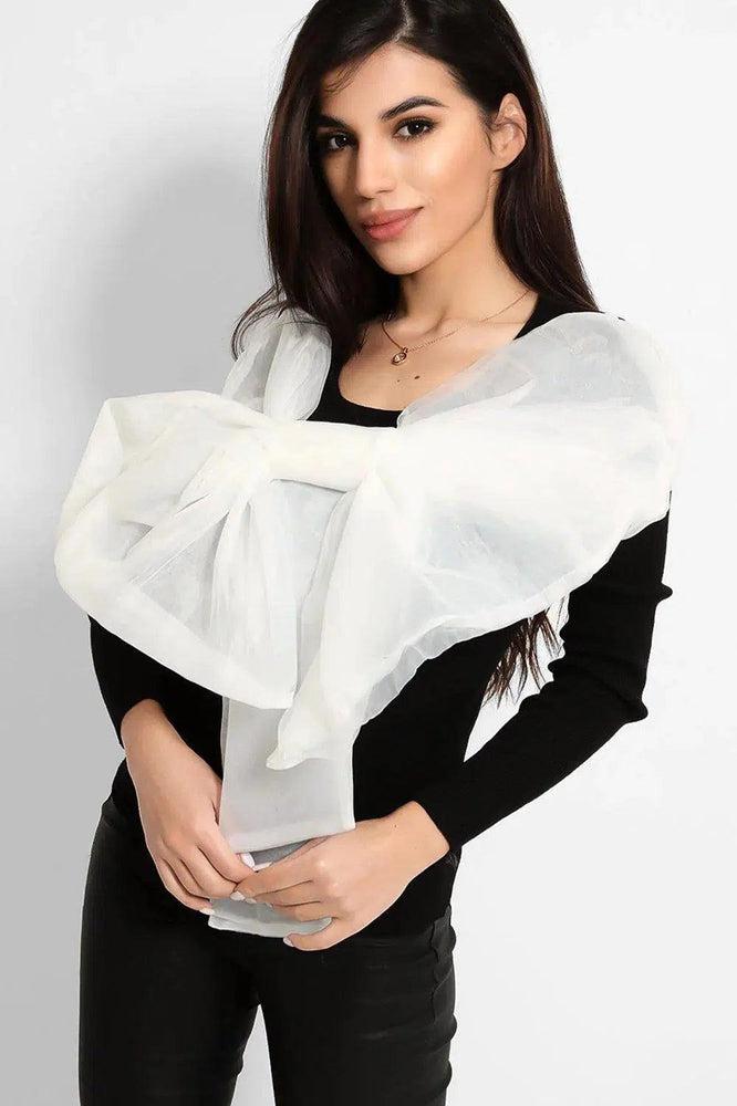 Black White Large Organza Bow Rib Knit Pullover