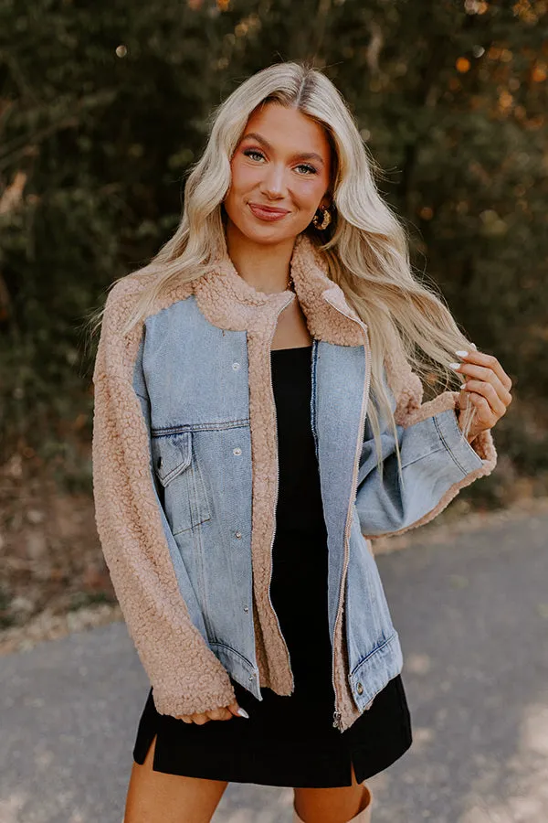 Bonfire Feels Sherpa Denim Jacket in Iced Latte