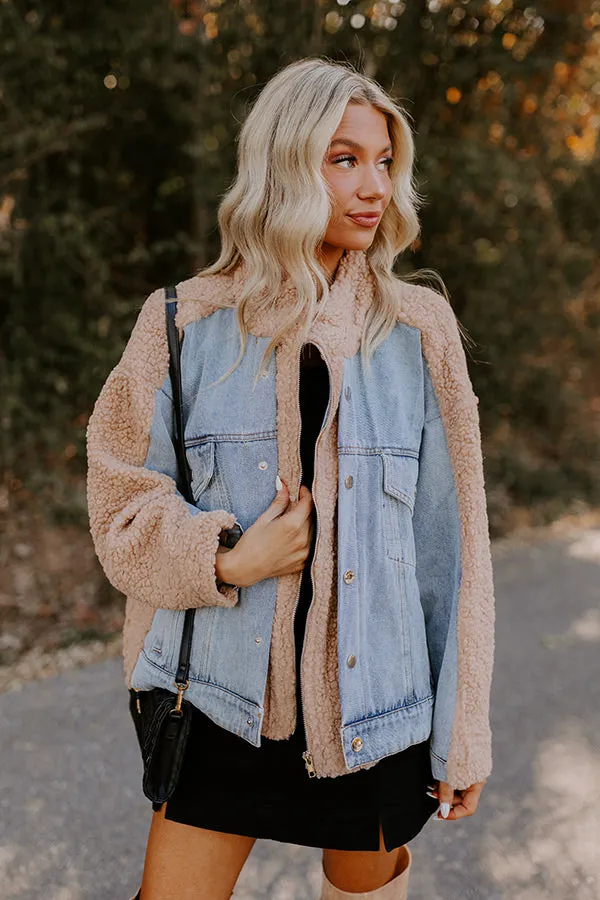 Bonfire Feels Sherpa Denim Jacket in Iced Latte