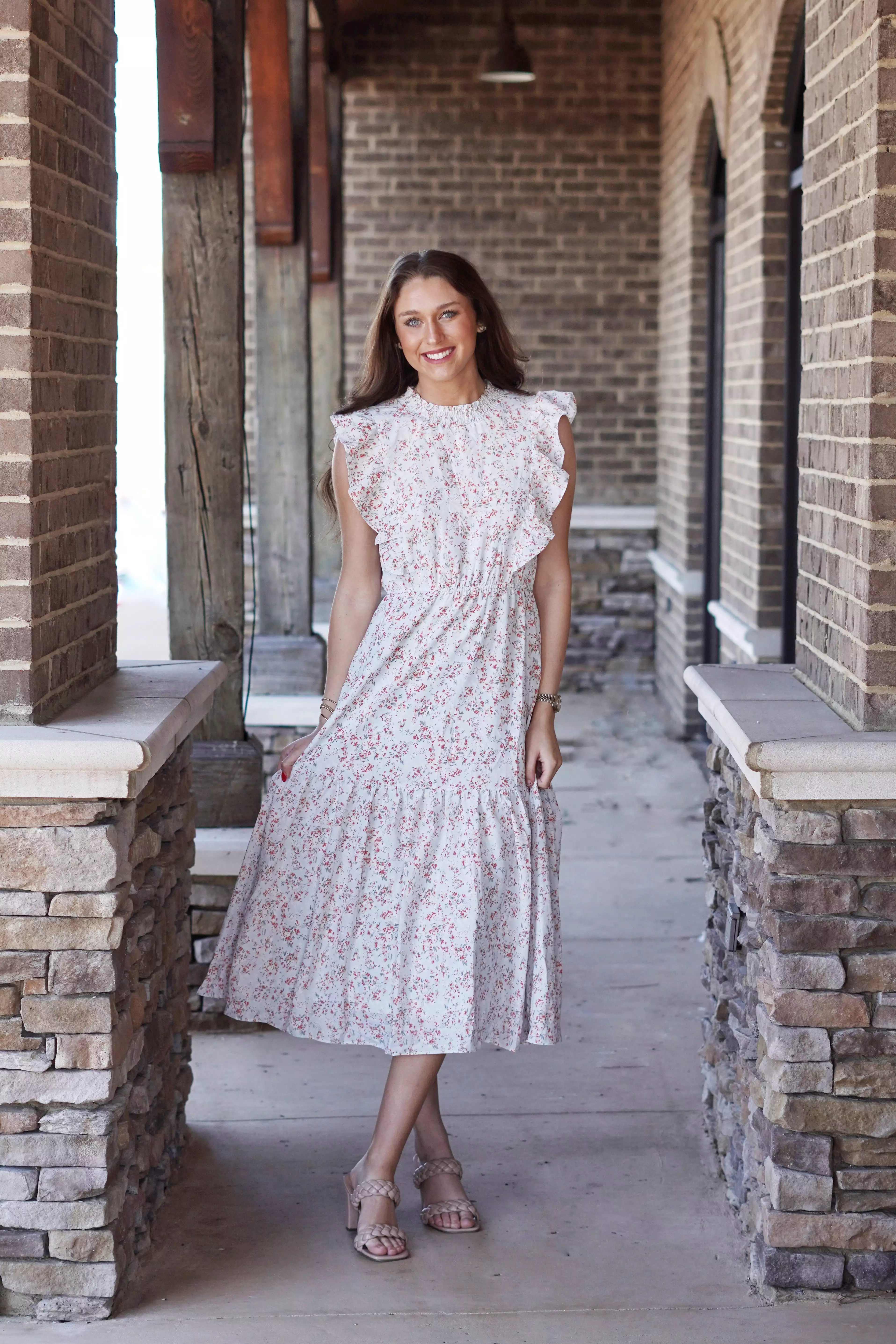 Brae Blue Floral Tiered Ruffle Midi Dress