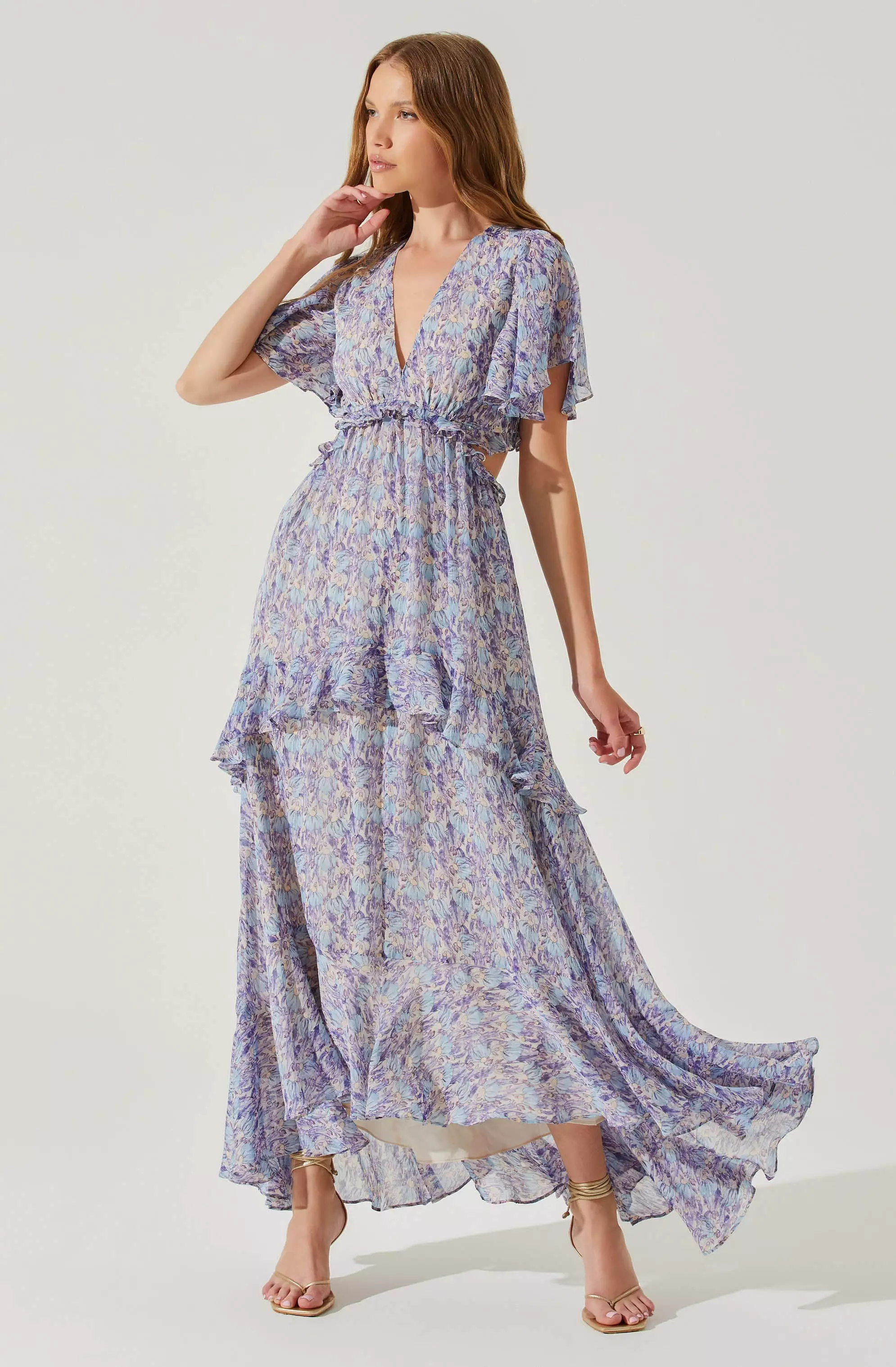 Cherli Floral Lace Up Tiered Ruffle Midi Dress