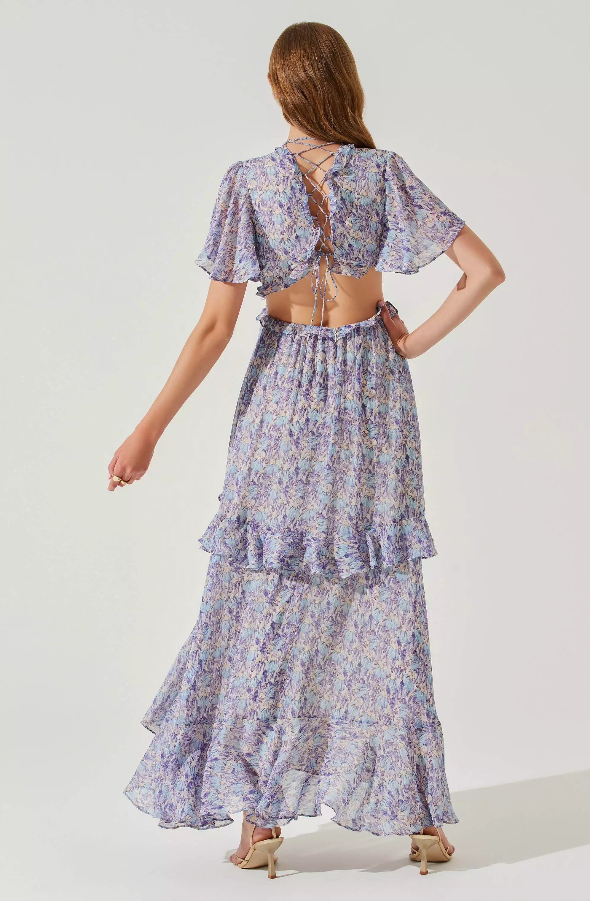 Cherli Floral Lace Up Tiered Ruffle Midi Dress