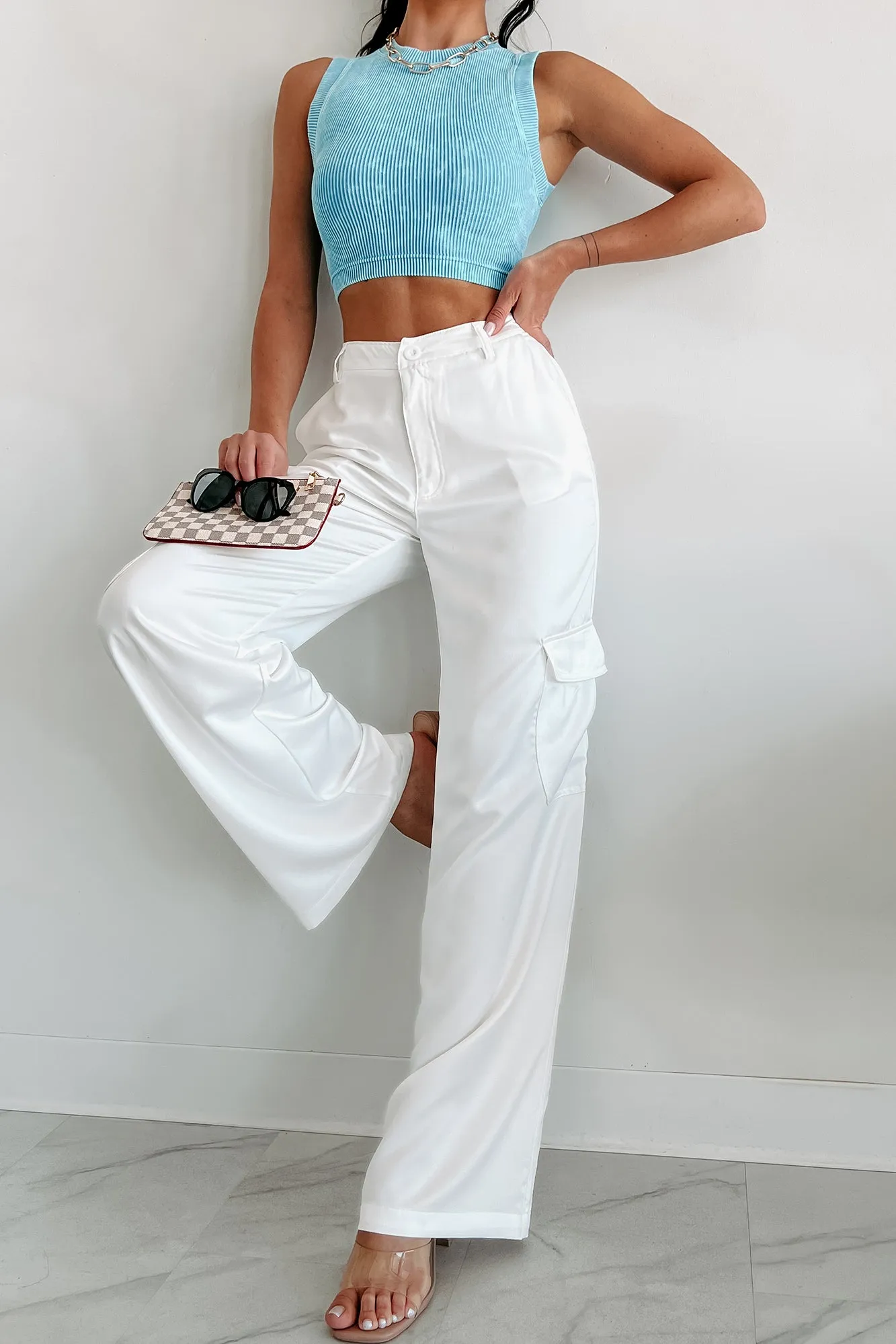 Clearing The Air Wide Leg Satin Cargo Pants (Off White)