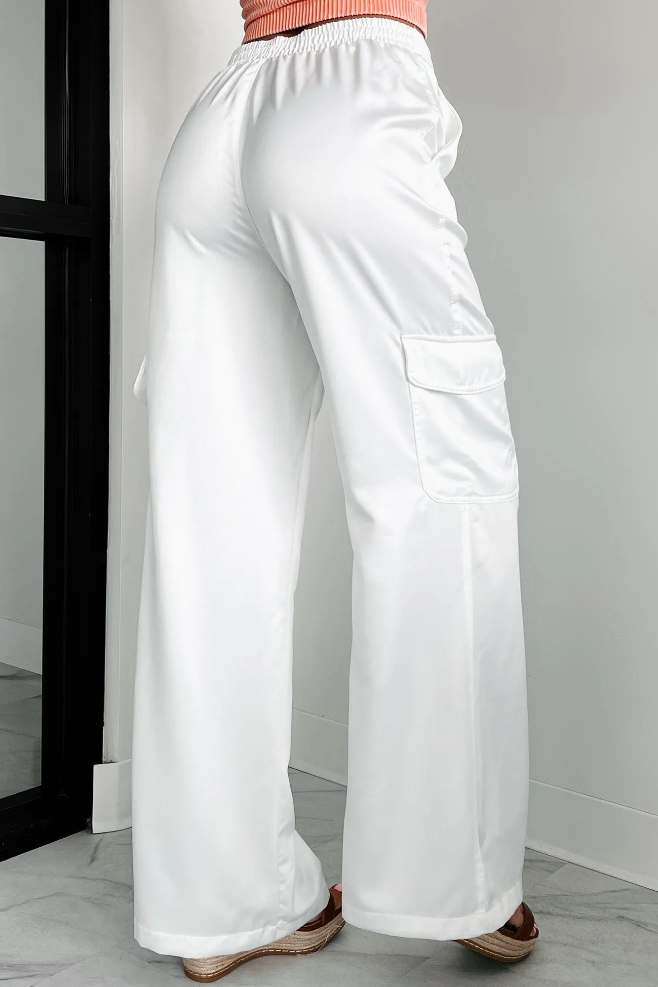 Clearing The Air Wide Leg Satin Cargo Pants (Off White)