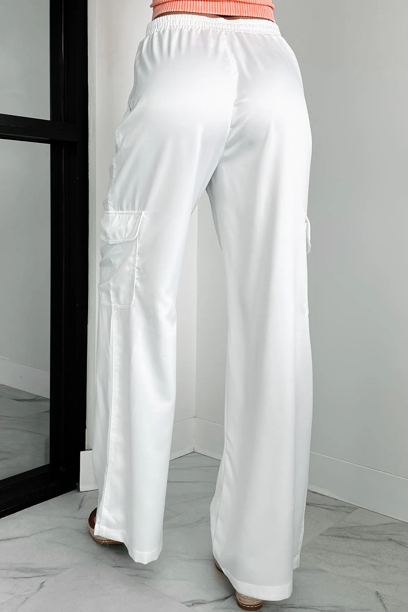 Clearing The Air Wide Leg Satin Cargo Pants (Off White)