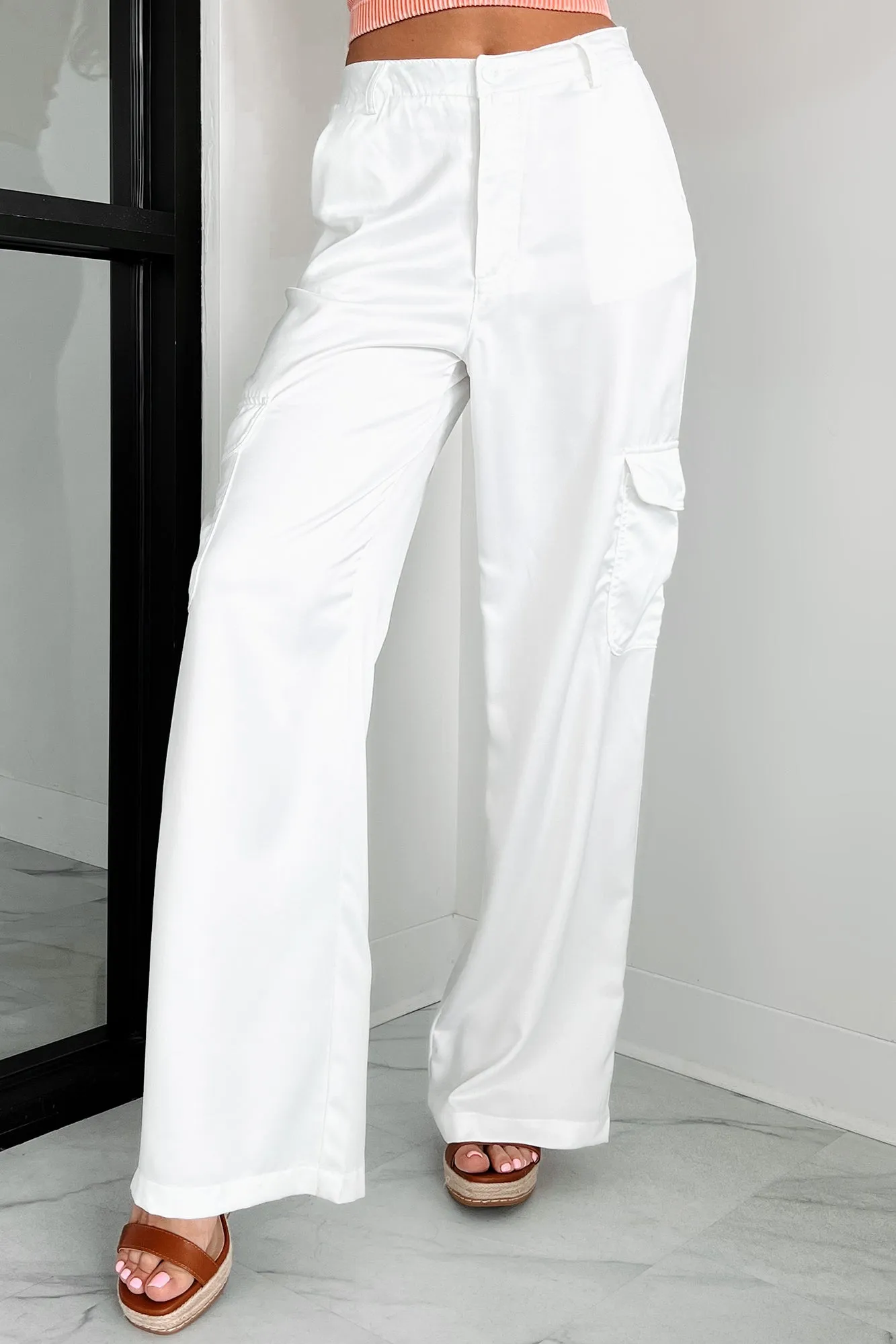 Clearing The Air Wide Leg Satin Cargo Pants (Off White)