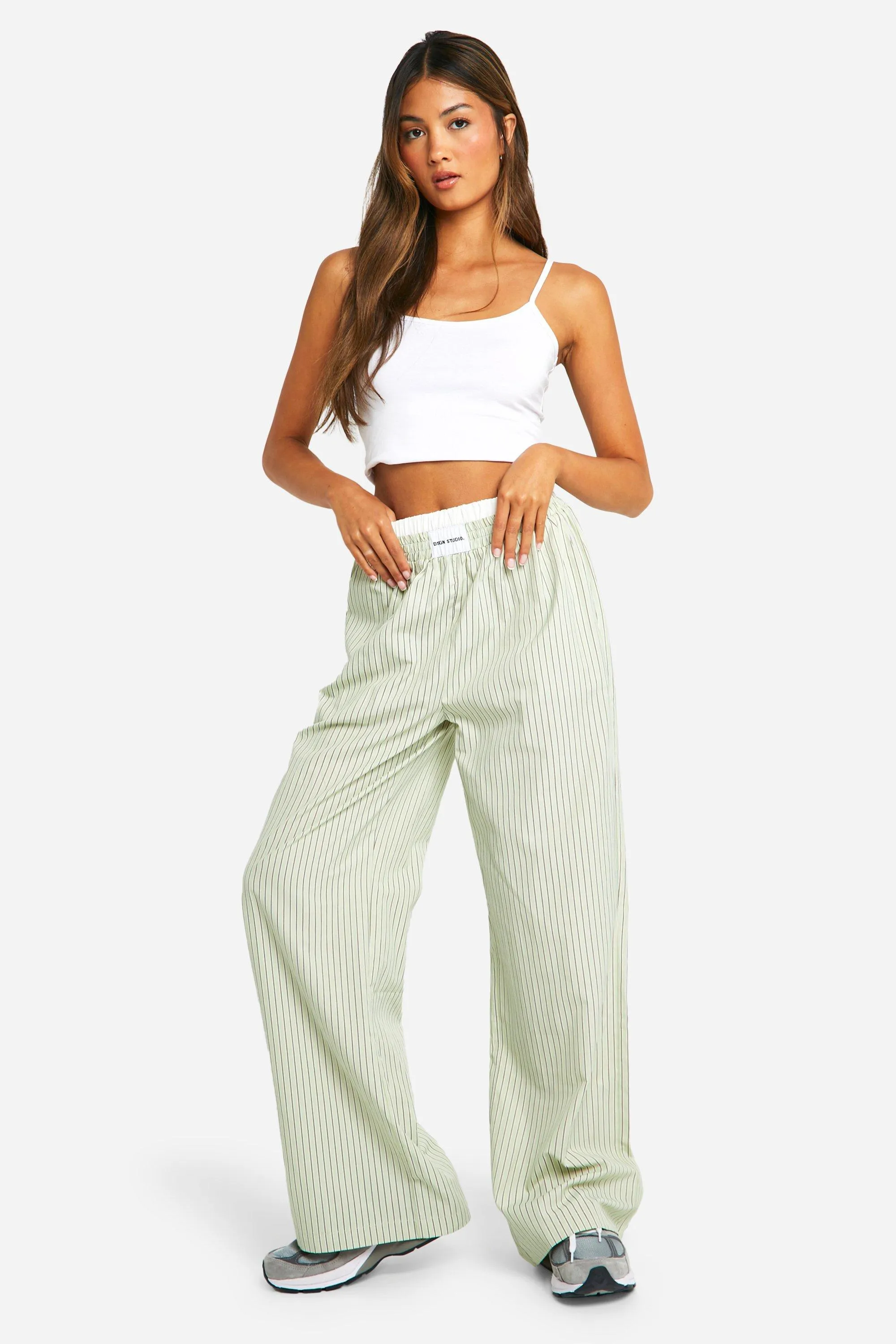 Contrast Waistband Stripe Wide Leg Pants