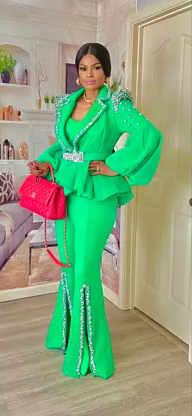 COUTURE RHINESTONES PALAZZO PANT SLIT SET(GREEN)