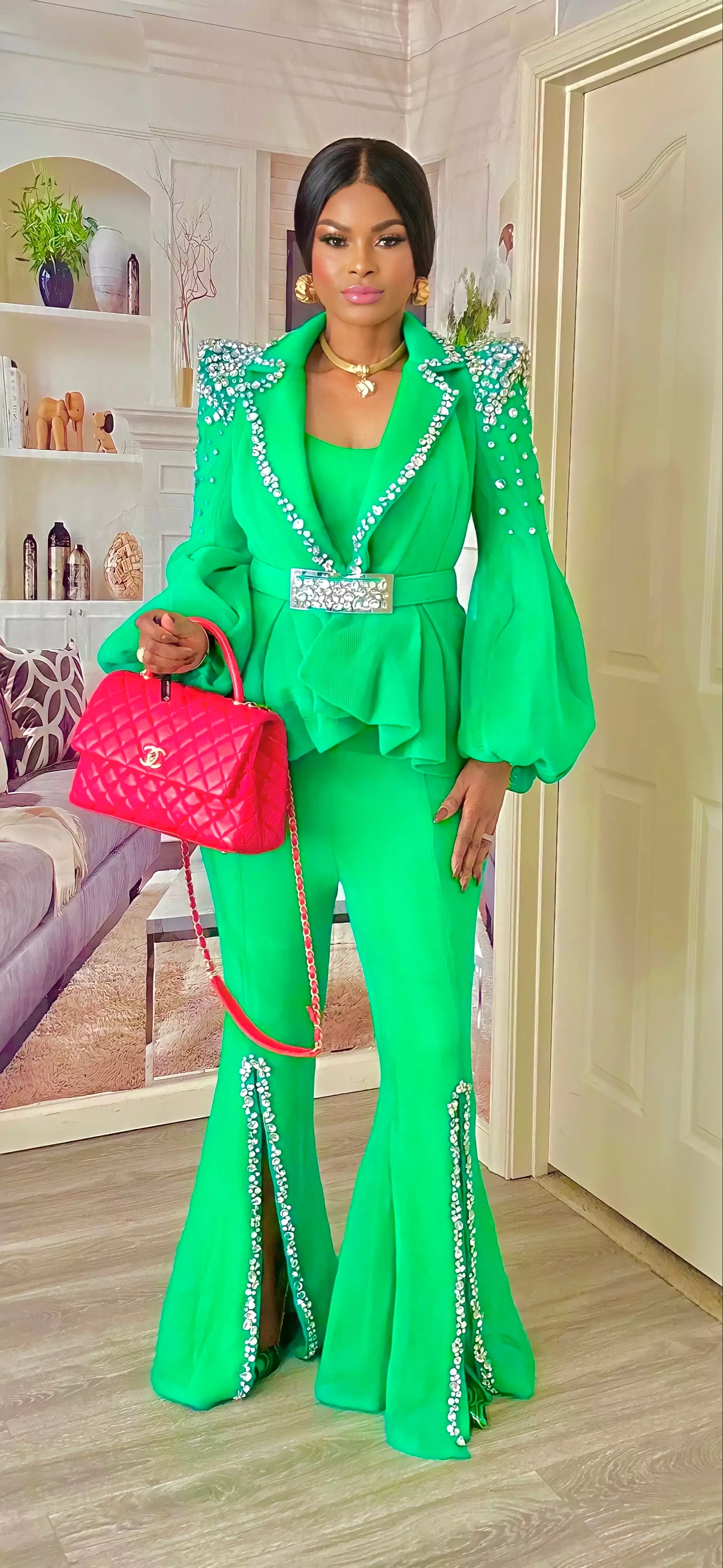 COUTURE RHINESTONES PALAZZO PANT SLIT SET(GREEN)