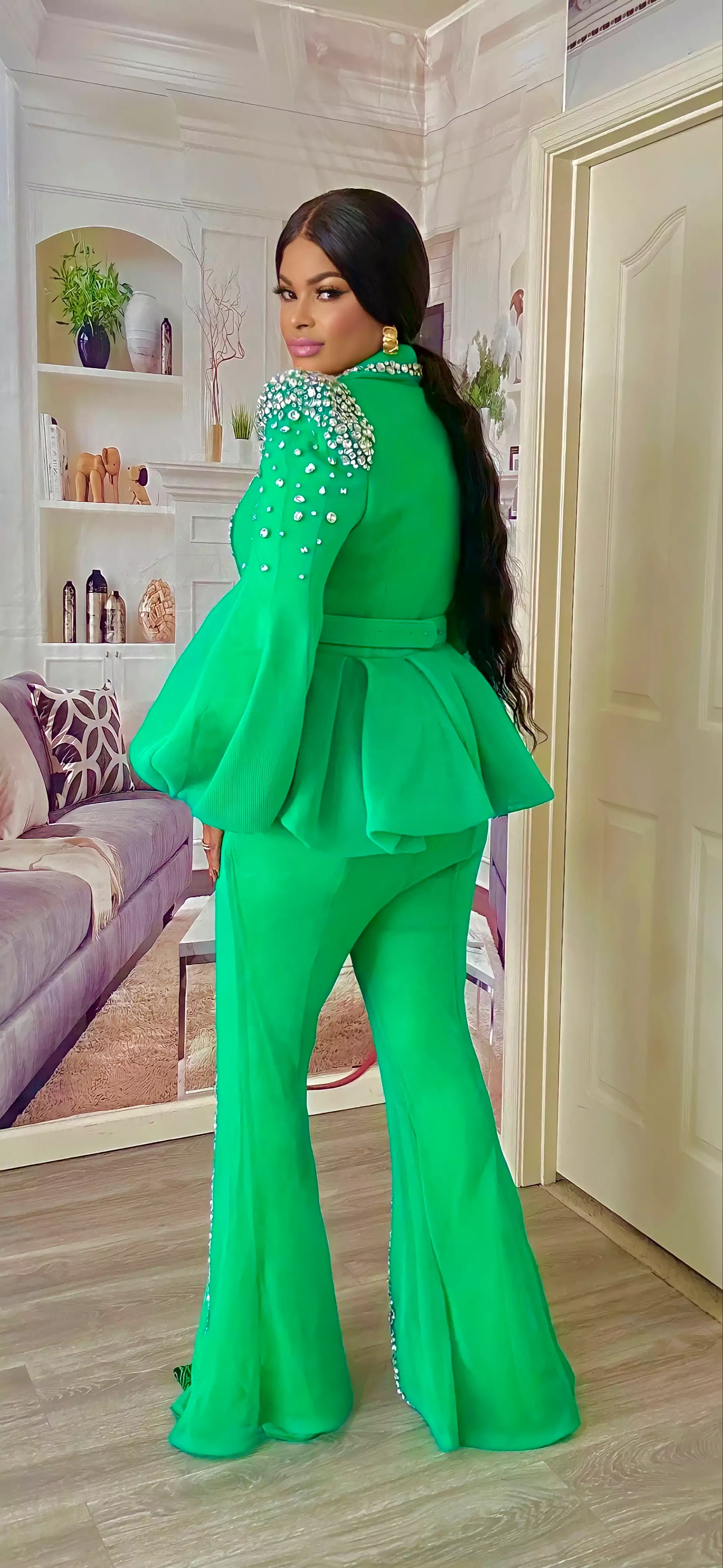 COUTURE RHINESTONES PALAZZO PANT SLIT SET(GREEN)