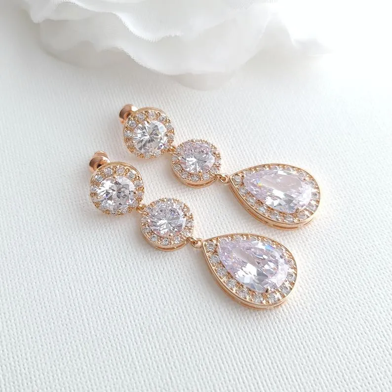 Cubic Zirconia Rose Gold Earrings-Evita