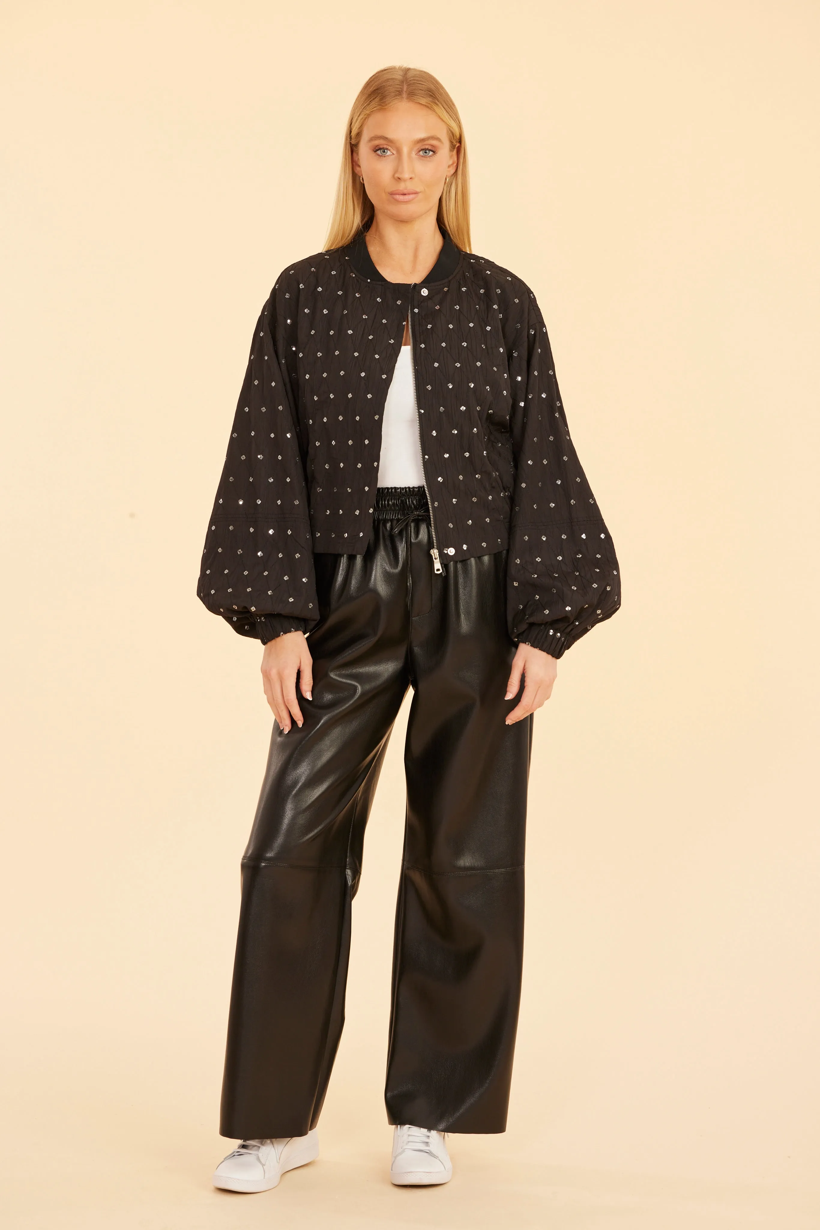 Faux Leather Wide Leg Drawstring Pants