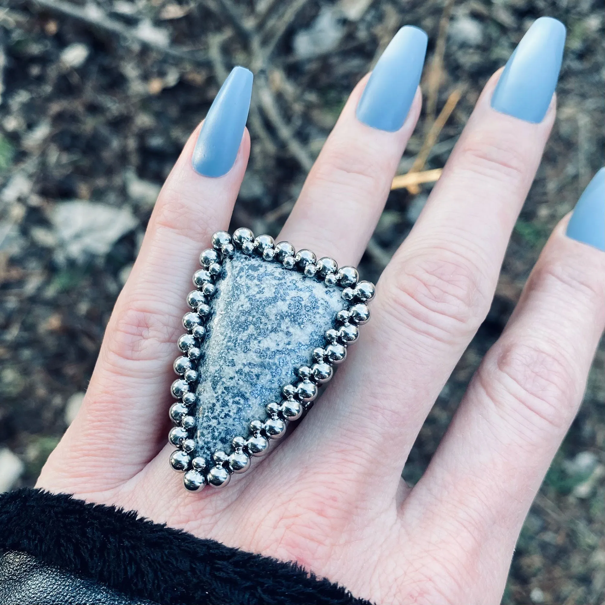 GEMSTONE Large Triangular White Pyrite Ring: Size 8