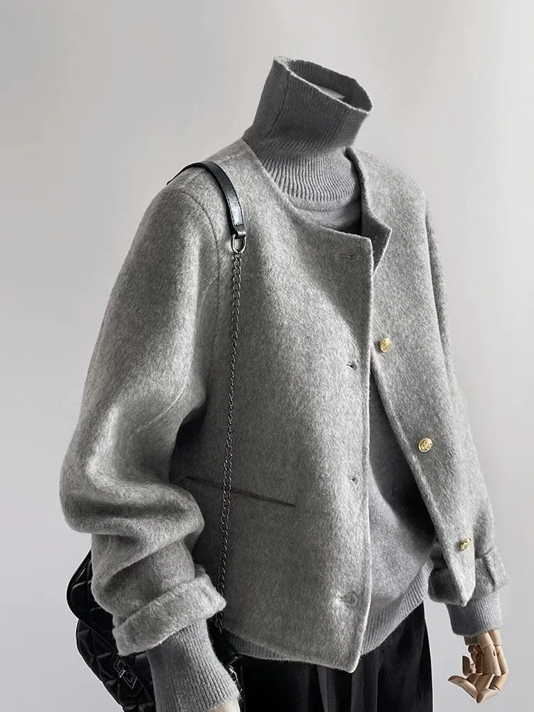 Gray double-sided woolen woolen coat for women, autumn and winter, high-end, small, unique, super good-looking, short woolen coa