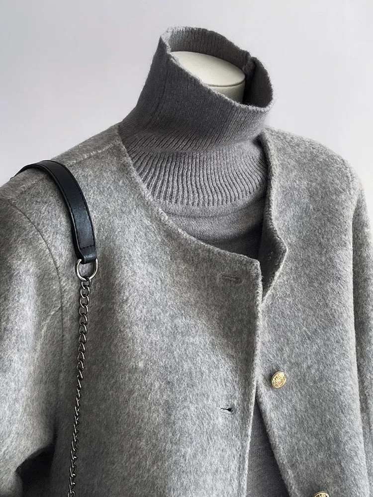 Gray double-sided woolen woolen coat for women, autumn and winter, high-end, small, unique, super good-looking, short woolen coa