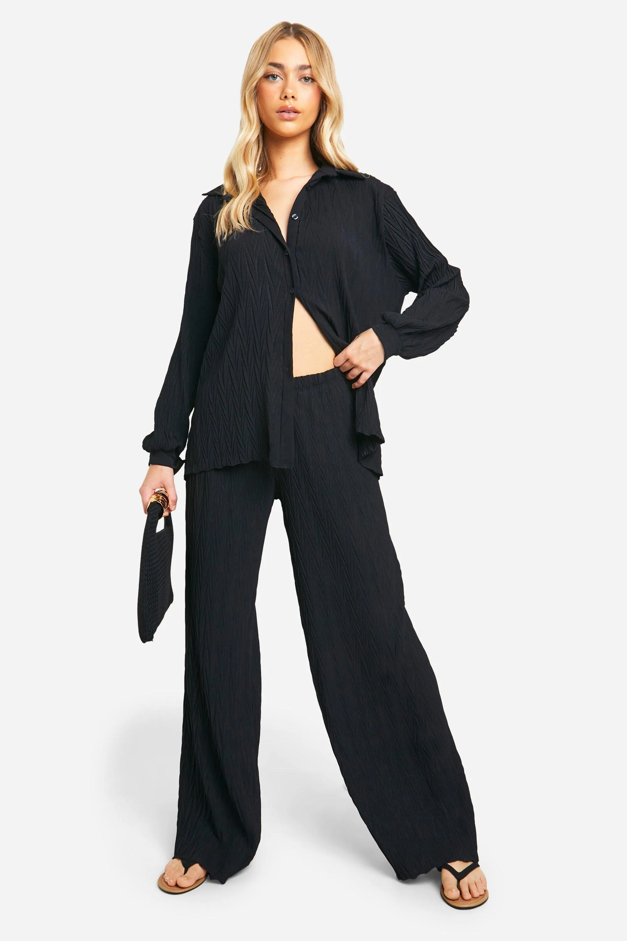 Hammered Pleat Detail Relaxed Fit Shirt & Wide Leg Pants