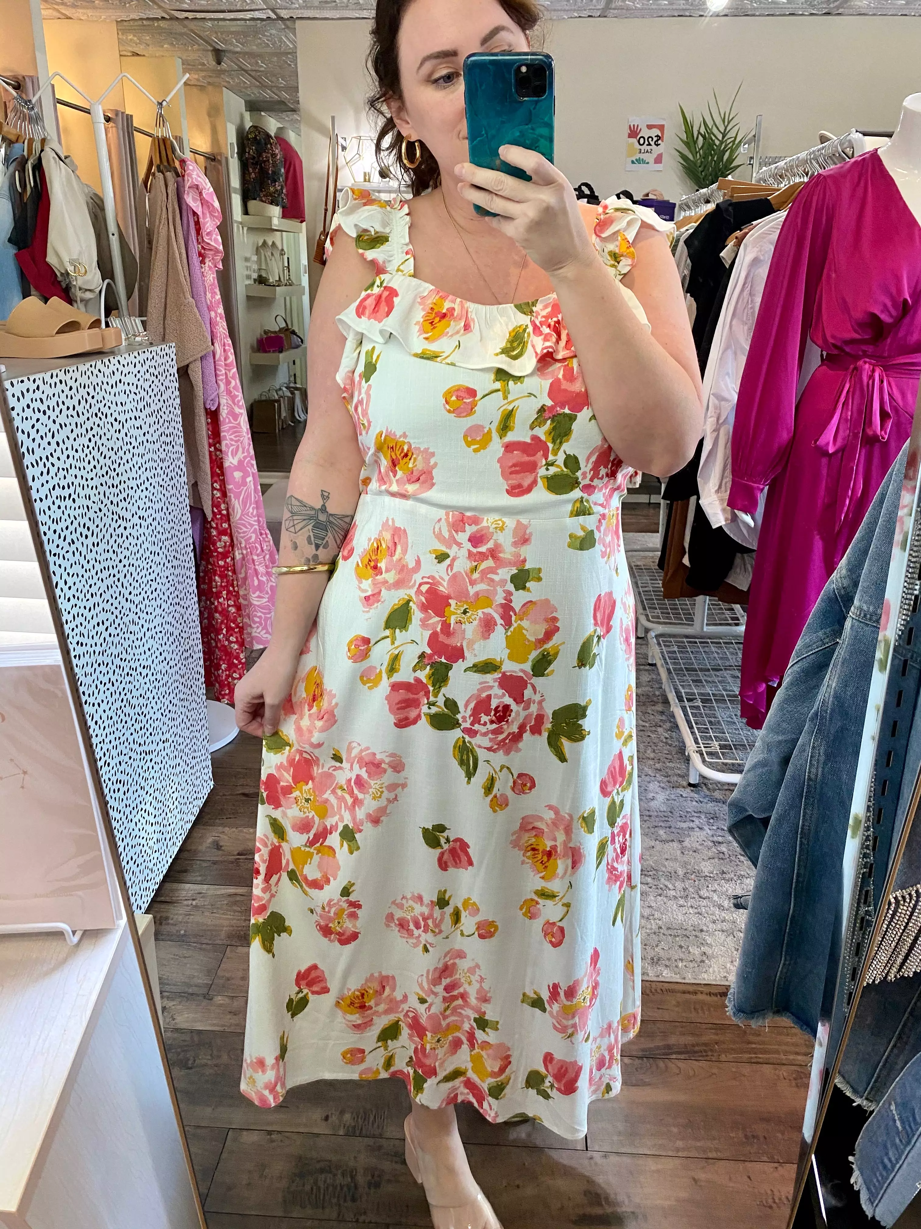 Ivory Floral Ruffle Midi Dress