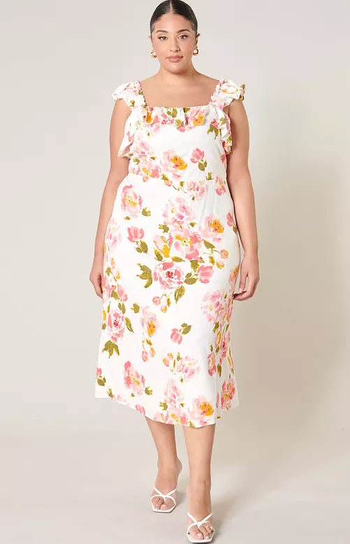 Ivory Floral Ruffle Midi Dress