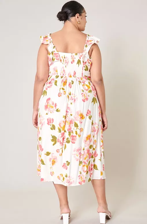 Ivory Floral Ruffle Midi Dress