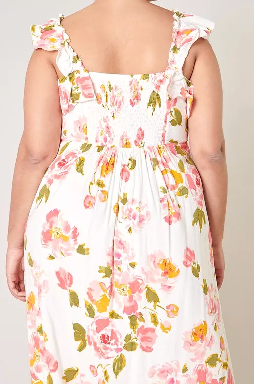 Ivory Floral Ruffle Midi Dress