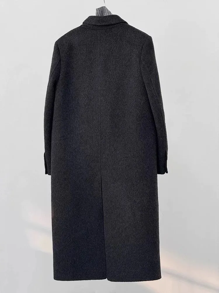 Korean style woolen coat, high-end Hepburn style mid-length knee-length black woolen coat for women in winter