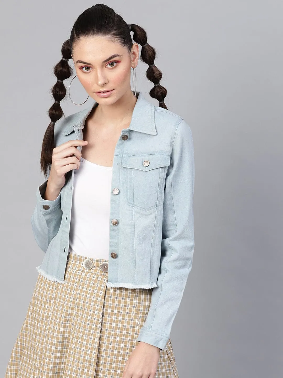 Light Blue Denim Raw Edge Crop Jacket