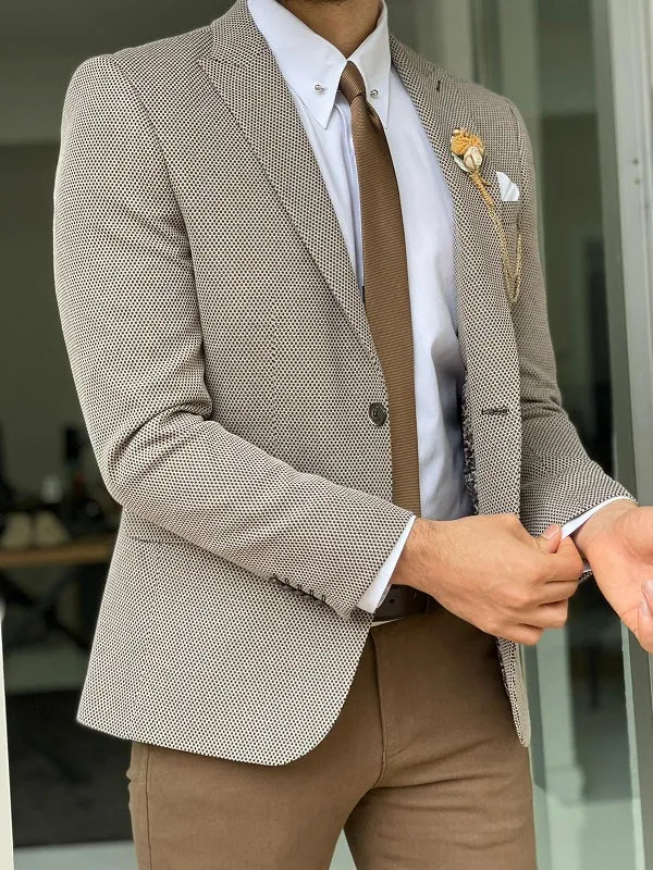 Lorelli Beige Slim Fit Peak Lapel Wool Blazer