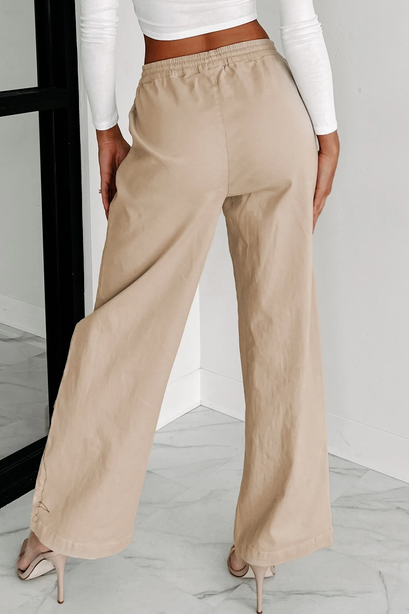 Playing Hooky Wide Leg Drawstring Waist Pants (Khaki)