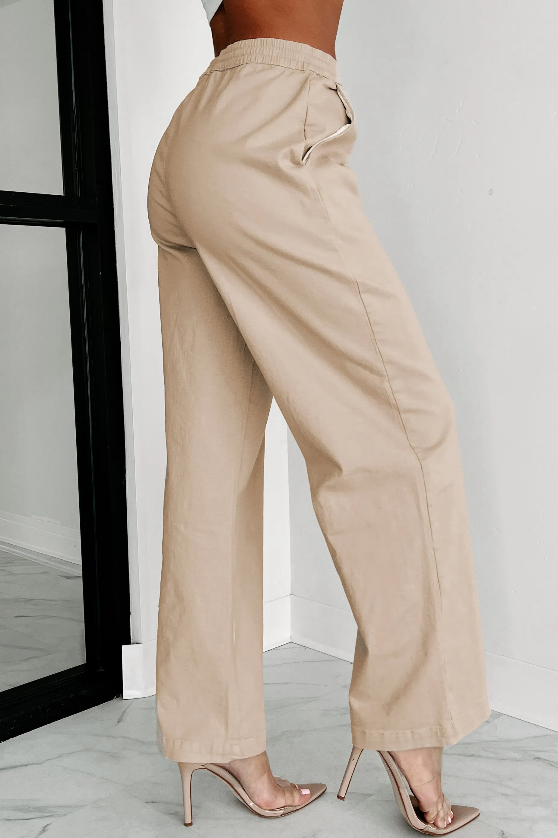 Playing Hooky Wide Leg Drawstring Waist Pants (Khaki)