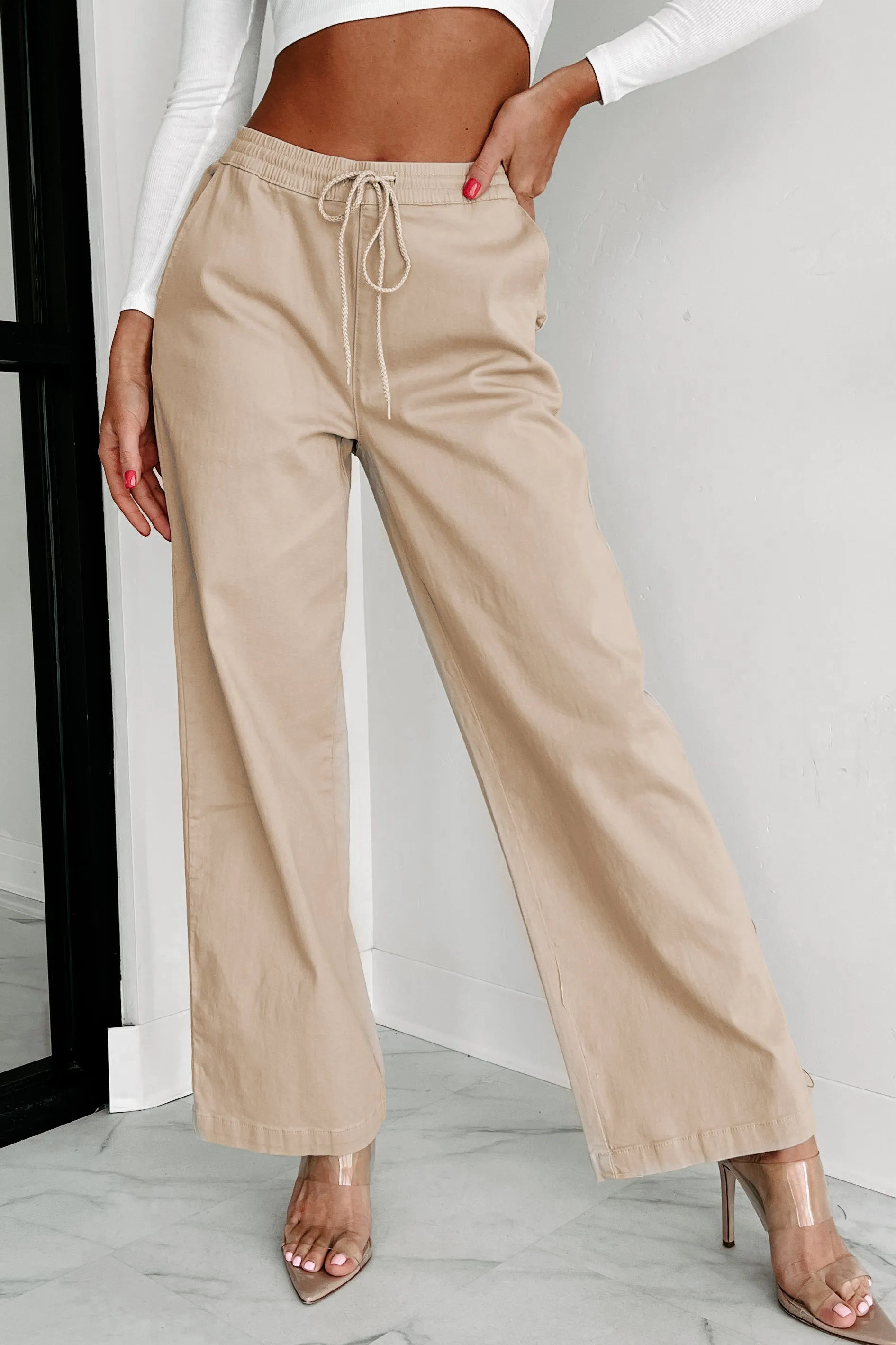 Playing Hooky Wide Leg Drawstring Waist Pants (Khaki)