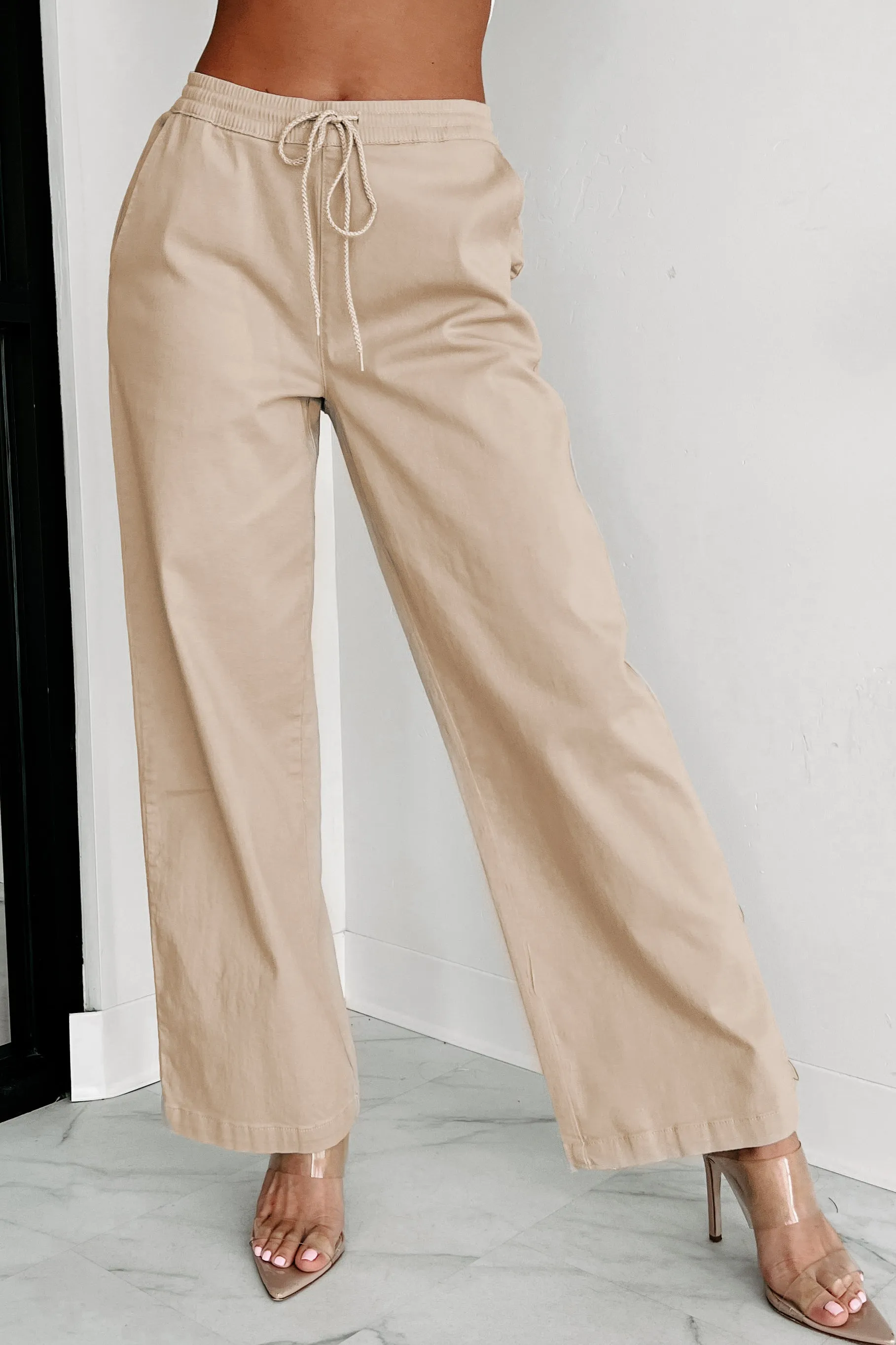 Playing Hooky Wide Leg Drawstring Waist Pants (Khaki)