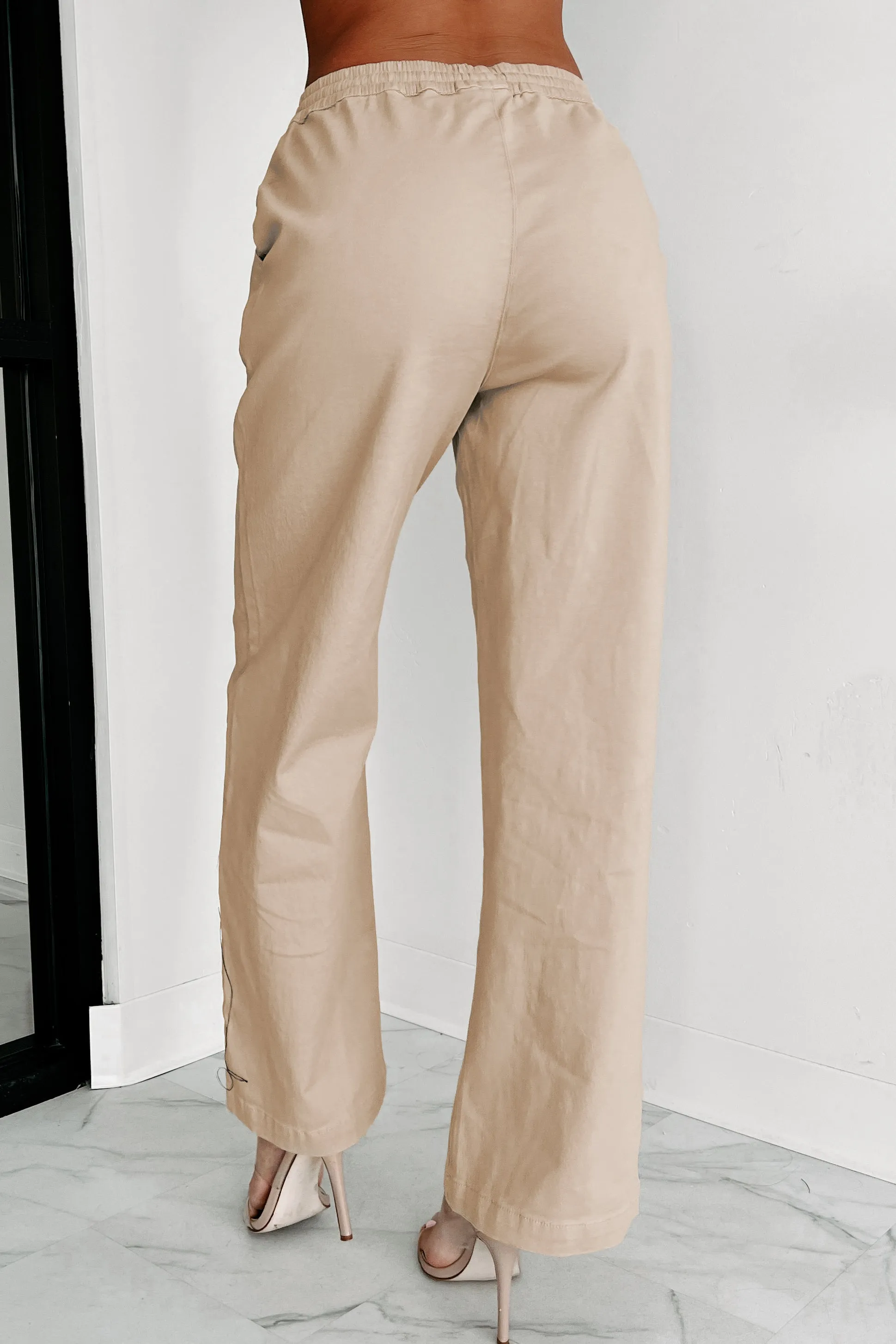 Playing Hooky Wide Leg Drawstring Waist Pants (Khaki)