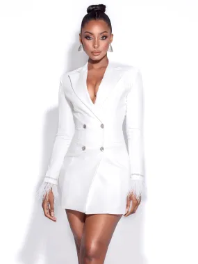 Quilla White Feather Crystal Sleeve Backless Blazer Dress