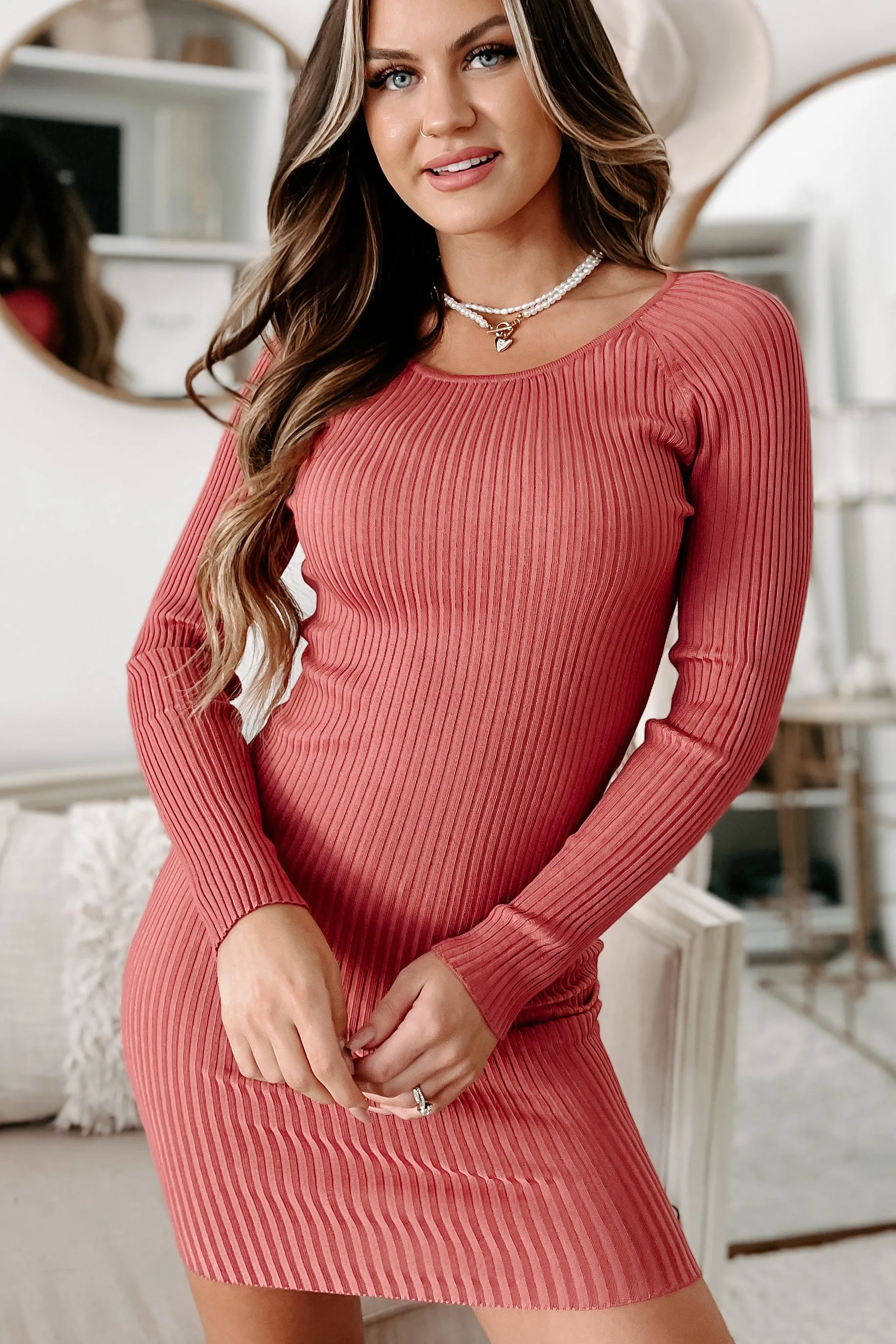 Redeeming Myself Long Sleeve Sweater Dress (Rose)