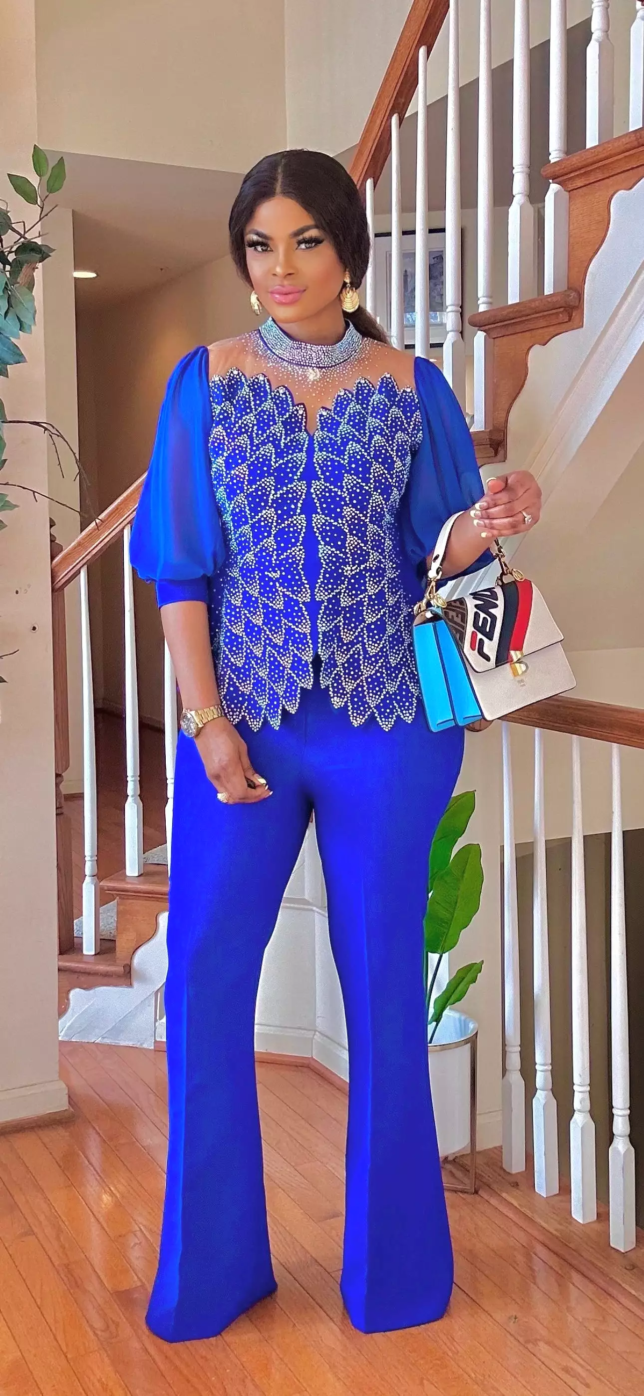 RHINESTONE BLOUSE-PALAZZO PANT SET(ROYAL BLUE)