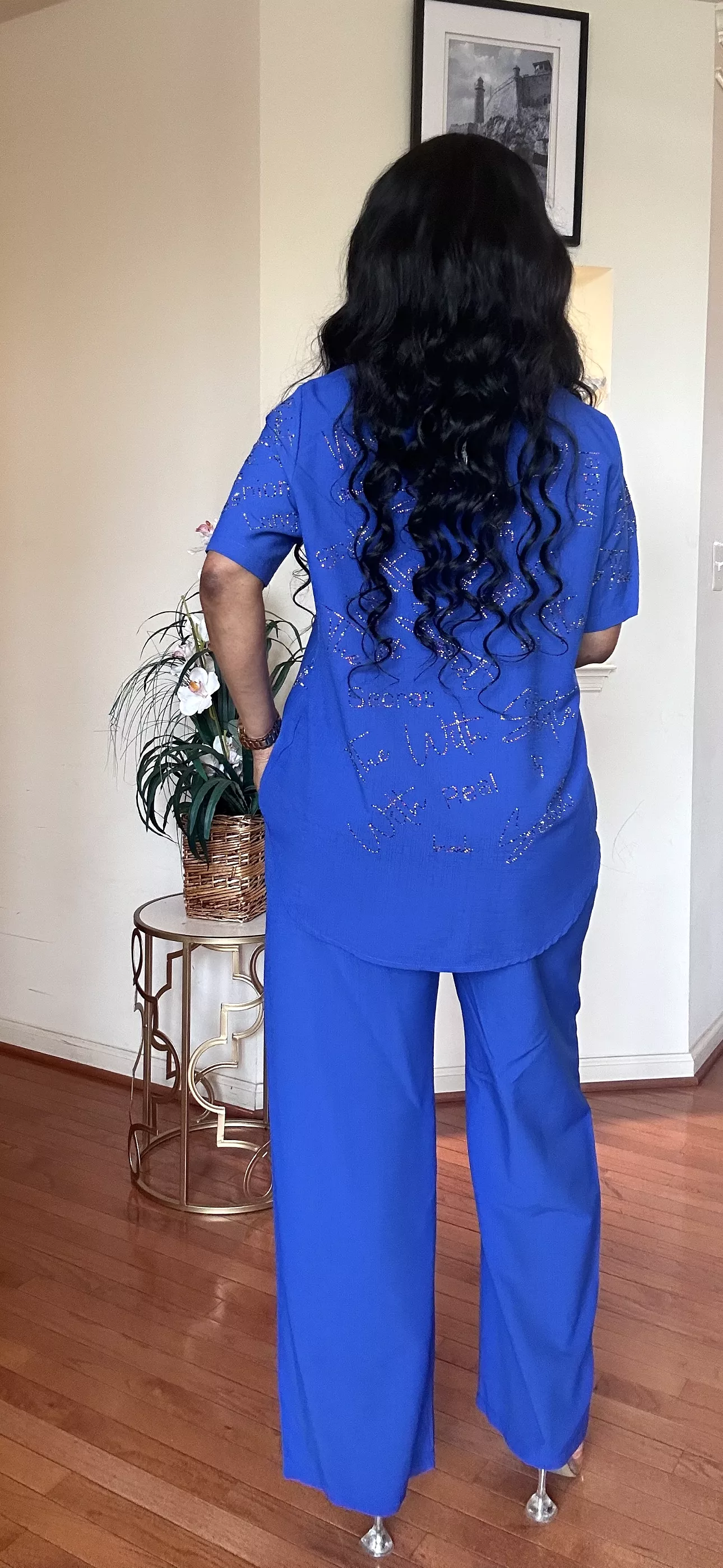 RHINESTONE SHIRT/PALAZZO PANT SET(ROYAL BLUE)