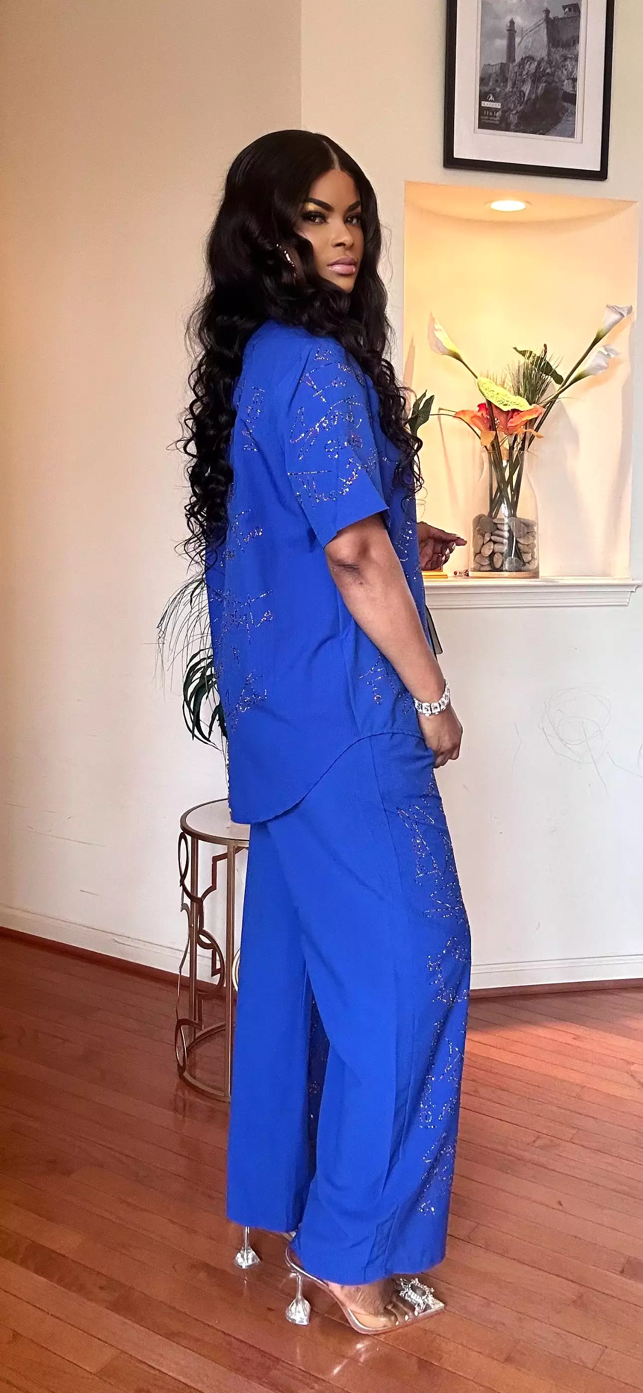 RHINESTONE SHIRT/PALAZZO PANT SET(ROYAL BLUE)