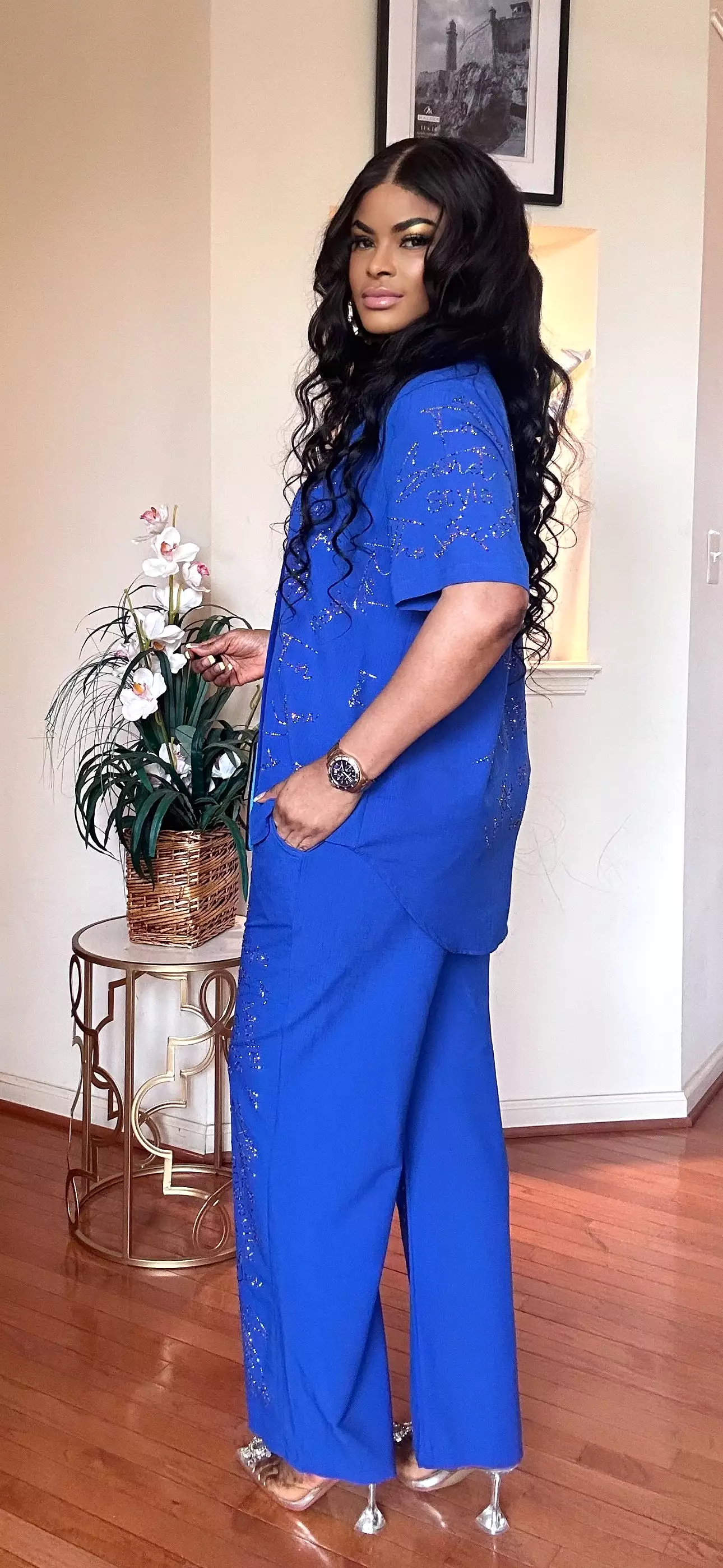 RHINESTONE SHIRT/PALAZZO PANT SET(ROYAL BLUE)