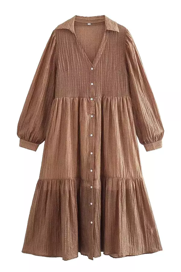 SOLID LONG SLEEVE TIERED RUFFLE MIDI DRESS - BROWN