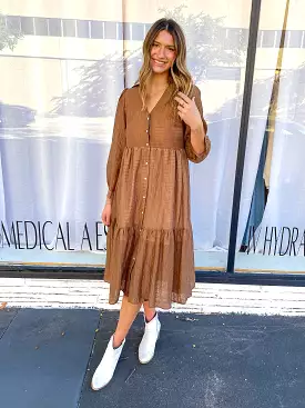 SOLID LONG SLEEVE TIERED RUFFLE MIDI DRESS - BROWN